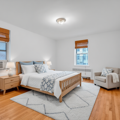 Matching bedroom shown with a bed, rug, bedside furniture and armchair.